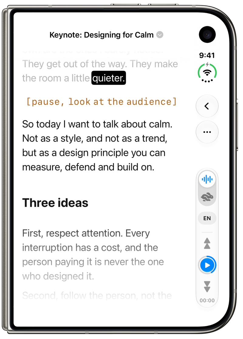 Grand Teleprompter on the folded iPhone Duo, Voice mode highlighting the word “quieter.”