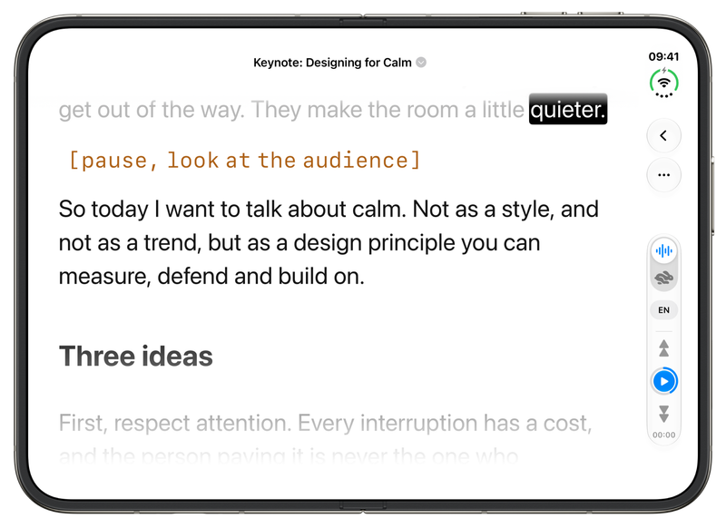 Grand Teleprompter on the unfolded iPhone Duo, the script in a wide layout