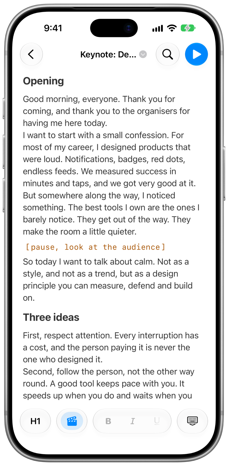 Grand Teleprompter on iPhone: editing the script “Keynote: Designing for Calm”