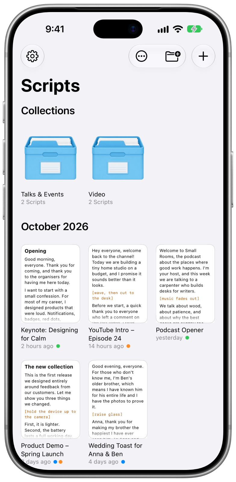 Grand Teleprompter on iPhone: the Scripts library with collections and recent scripts