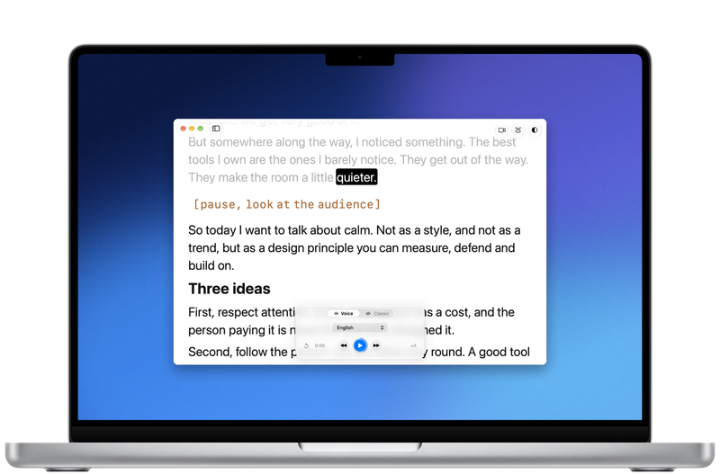 Grand Teleprompter on a MacBook Pro 14: a prompter window floating above the desktop